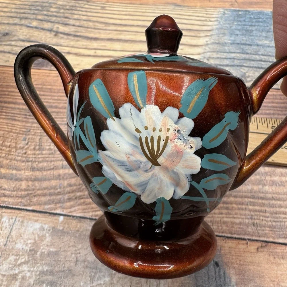 Vintage Japanese Moriage Redware Tea Set Floral 1940s Pottery Pot Creamer Sugar